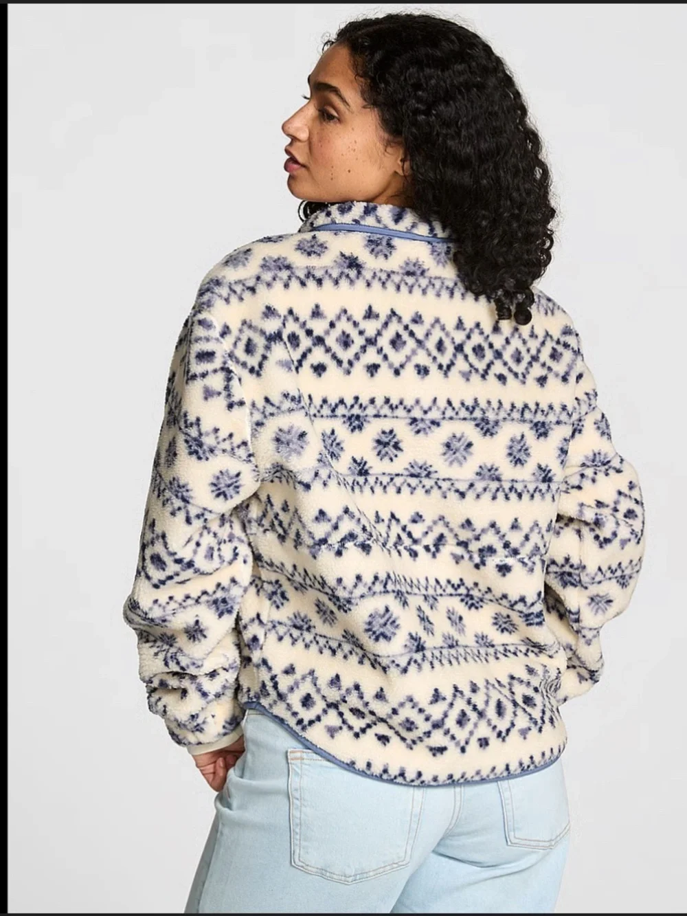 VS PINK Jacket Womens Size‎ XL Blue Sherpa Fair Isle Plush Teddy Snap Pullover
